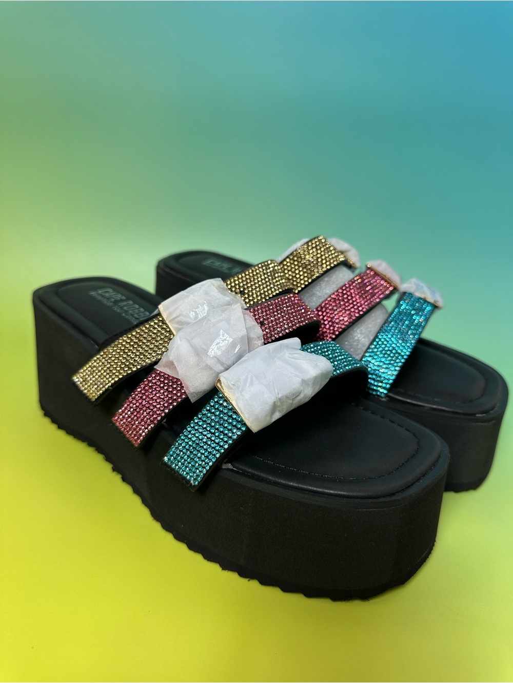 Cape Robbin Black Platform Slides with Rhinestone Gem Straps